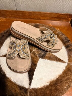 Andiamo Tan Embellished Slide Sandals